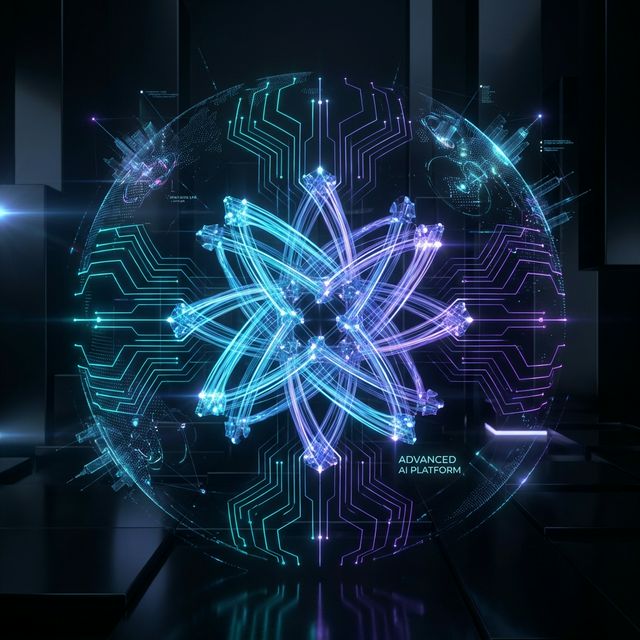 Визуализация высокотехнологичной AI платформы с нейронными связями