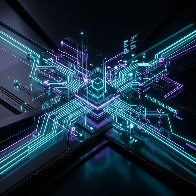 Футуристическая визуализация ядра искусственного интеллекта в неоновых тонах